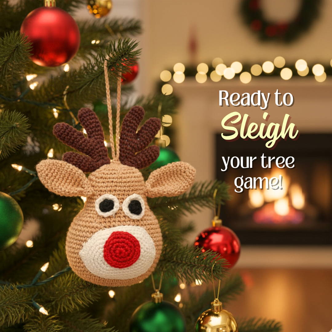 Whimsical Crochet Reindeer Face Ornament – Handcrafted Christmas Décor