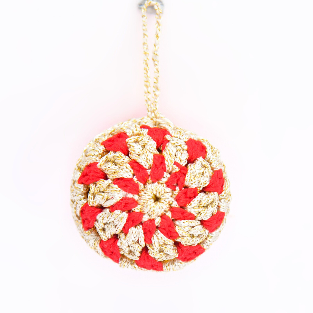 Handmade Crochet Christmas Ornament – Red & Gold Hanging Bauble