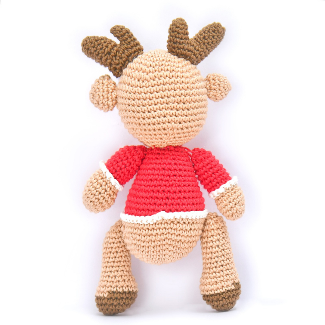 Cheerful Crochet Boy Reindeer Soft Toy – Handcrafted Holiday Gift & Décor