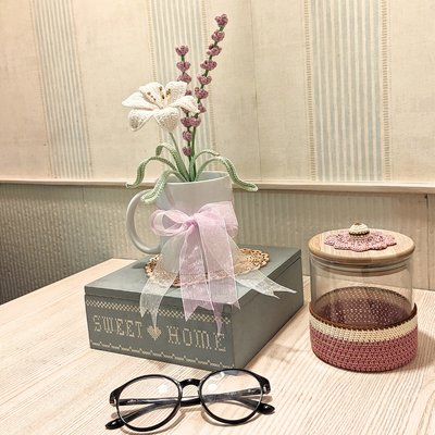Hand‑crocheted White Lily & Lavender Bouquet in Mug Gift