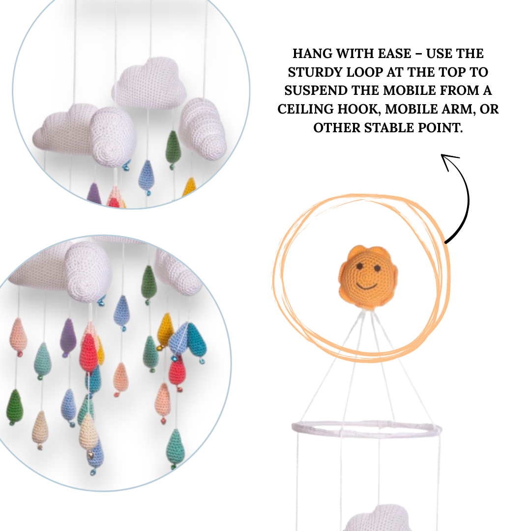 Bright & Colourful Crochet Raindrops – Handmade Amigurumi Mobile for Nursery