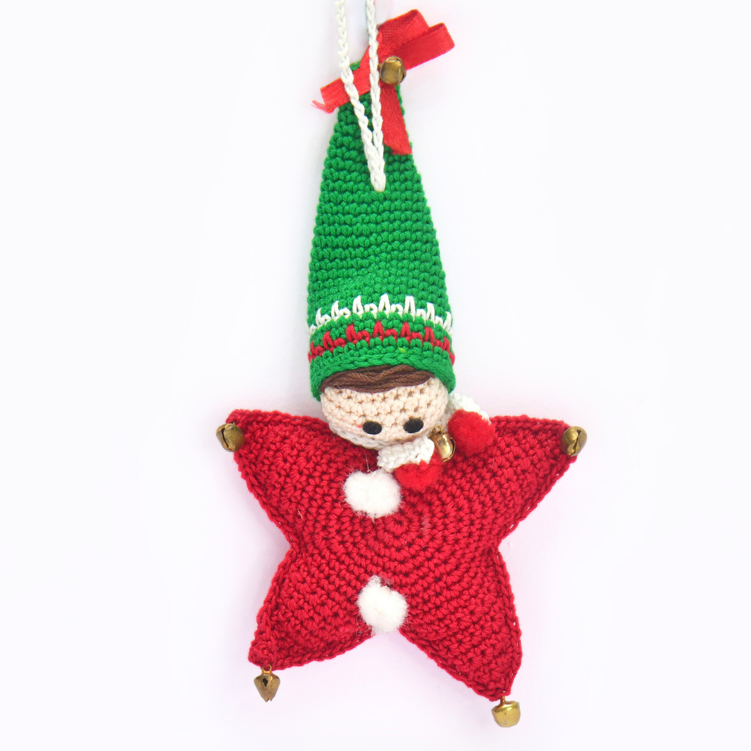 Christmas Star Elf Amigurumi Ornament | Handmade Holiday Tree Decoration