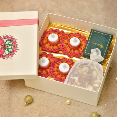 Elegant Festive Gift Box with Handmade Crochet Tealight Holders & Dry Fruits