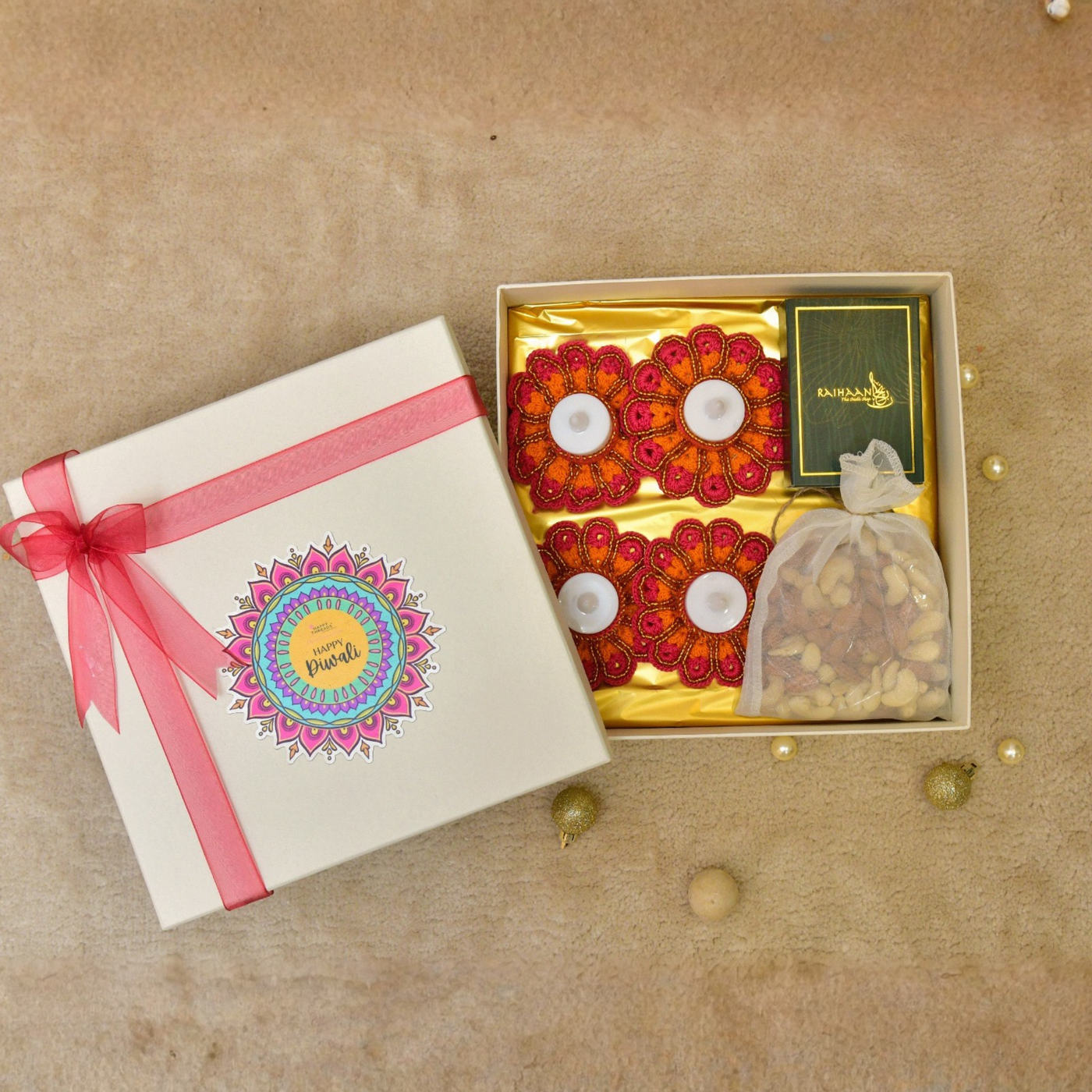 Elegant Festive Gift Box with Handmade Crochet Tealight Holders & Dry Fruits