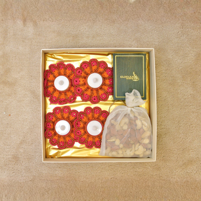 Elegant Festive Gift Box with Handmade Crochet Tealight Holders & Dry Fruits