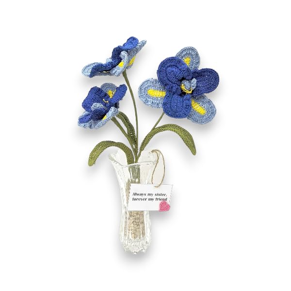 Trendy Crocheted Blue Iris Bouquet with Vase - Ideal Sibling Gift