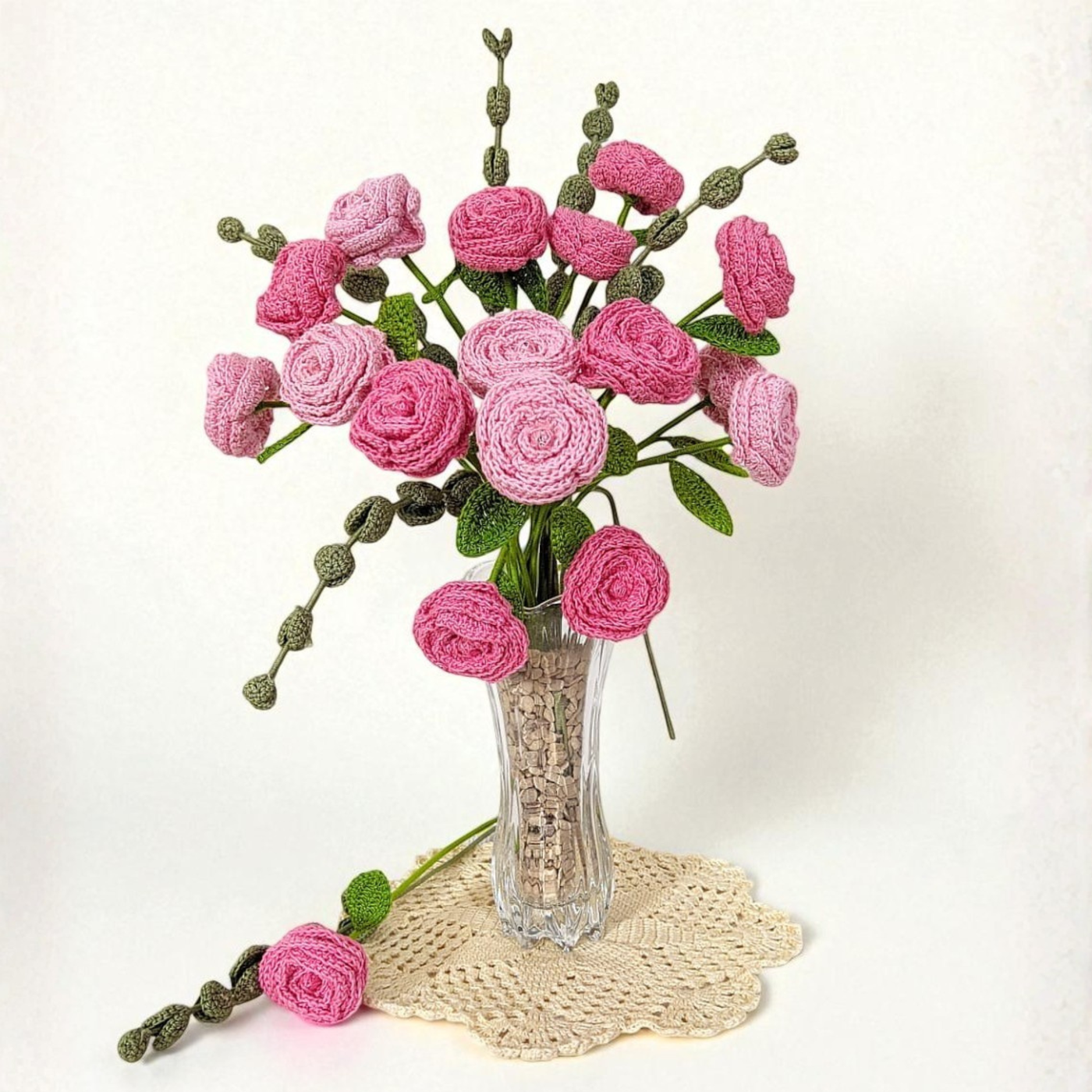 Artisan-Made Crochet Cabbage Rose  | Timeless Single Stem Elegance for Home Décor