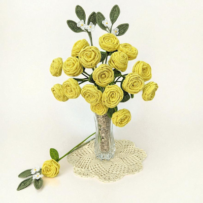Artisan-Made Crochet Cabbage Rose  | Timeless Single Stem Elegance for Home Décor