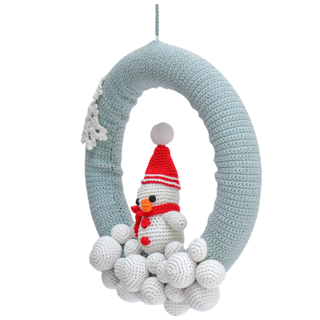 Crochet Snowman Christmas Wreath – Handmade Festive Door Hanging Décor