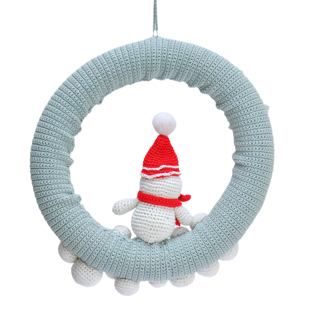 Crochet Snowman Christmas Wreath – Handmade Festive Door Hanging Décor