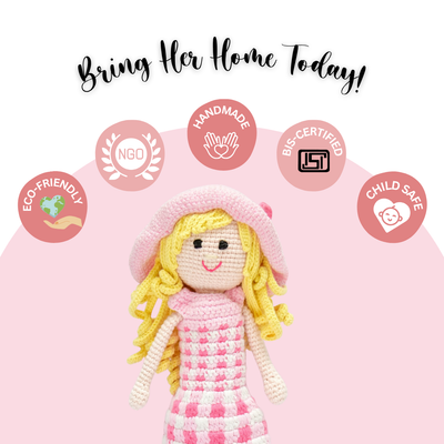Fiona – Handwoven Crochet Doll in Blush & Ivory | Sustainable Storytelling Companion