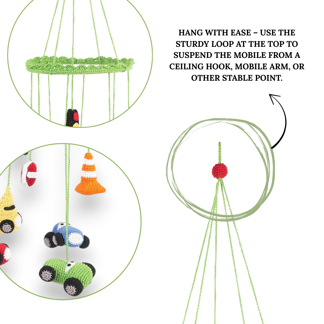 Nursery Hanging Mobile – Handmade Crochet Traffic Set for Baby Room Décor