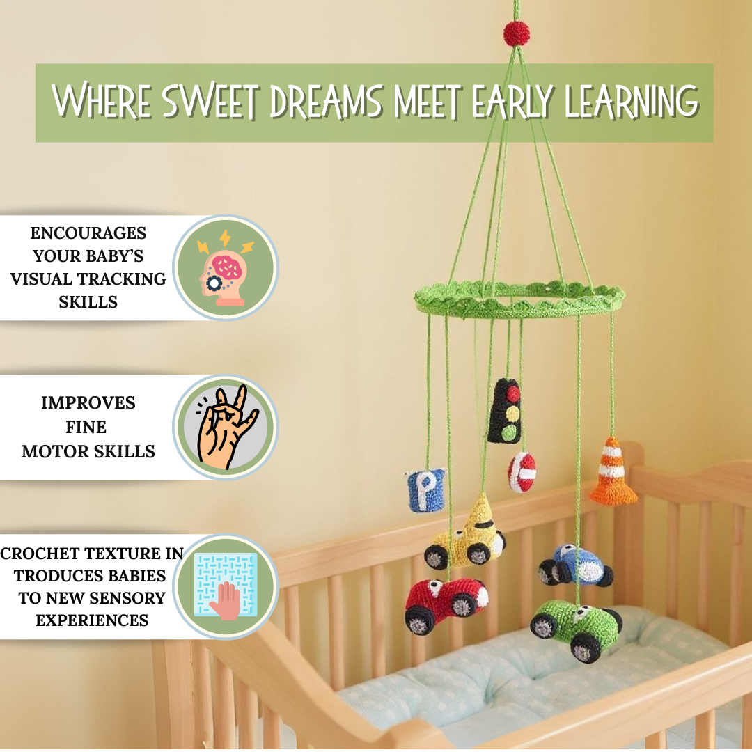 Nursery Hanging Mobile – Handmade Crochet Traffic Set for Baby Room Décor