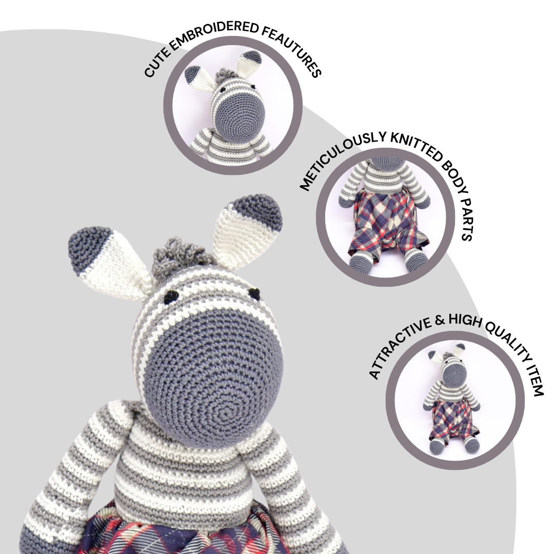 Handmade Crochet Zane the Zebra | Cute Amigurumi Plush with Checkered Pants for Kids & Gifting