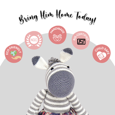 Handmade Crochet Zane the Zebra | Cute Amigurumi Plush with Checkered Pants for Kids & Gifting