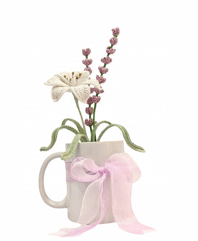 Hand‑crocheted White Lily & Lavender Bouquet in Mug Gift