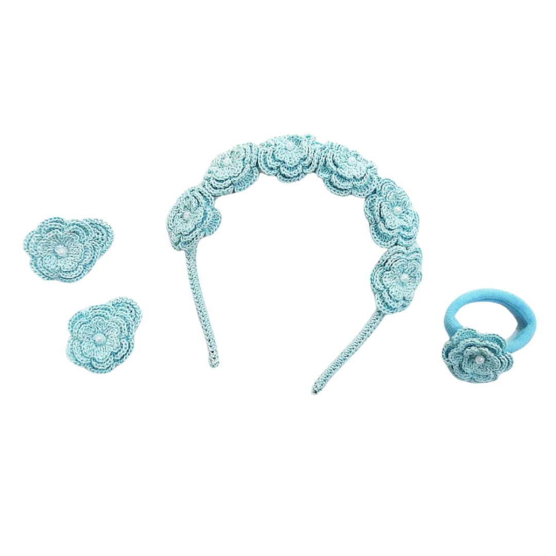 Handmade Crochet Blue Rose Kids Hair Accessories Set - Adorable Floral Hairpieces for Girls