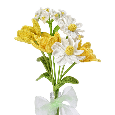 Crochet Yellow Tulips & Daisies in Bottle Vase | Unique Mother’s Day Gift