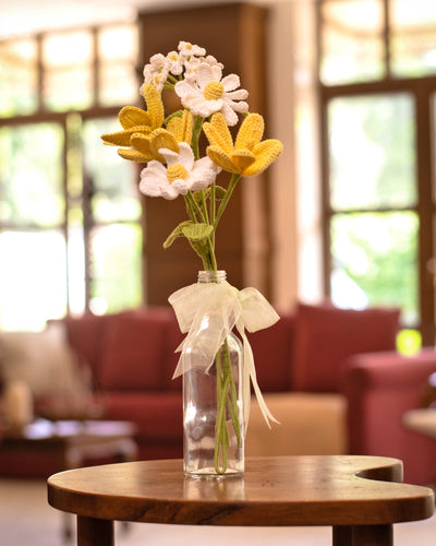 Crochet Yellow Tulips & Daisies in Bottle Vase | Unique Mother’s Day Gift