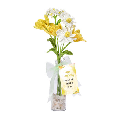 Crochet Yellow Tulips & Daisies in Bottle Vase | Unique Mother’s Day Gift