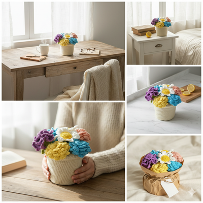 Handcrafted Crochet Bloom Pot – Colorful Bouquet of Eternal Blossoms