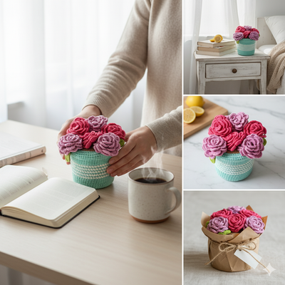 Everlasting Crochet Rose Pot – Handmade Floral Décor for Elegant Spaces