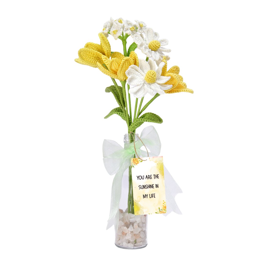Crochet Yellow Tulips & Daisies in Bottle Vase