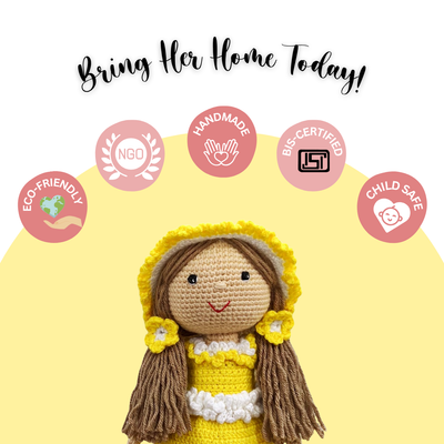 Sunshine Crochet Doll – 100% Handmade 17" Soft Toy for Kids, Child-Safe Cotton Yarn