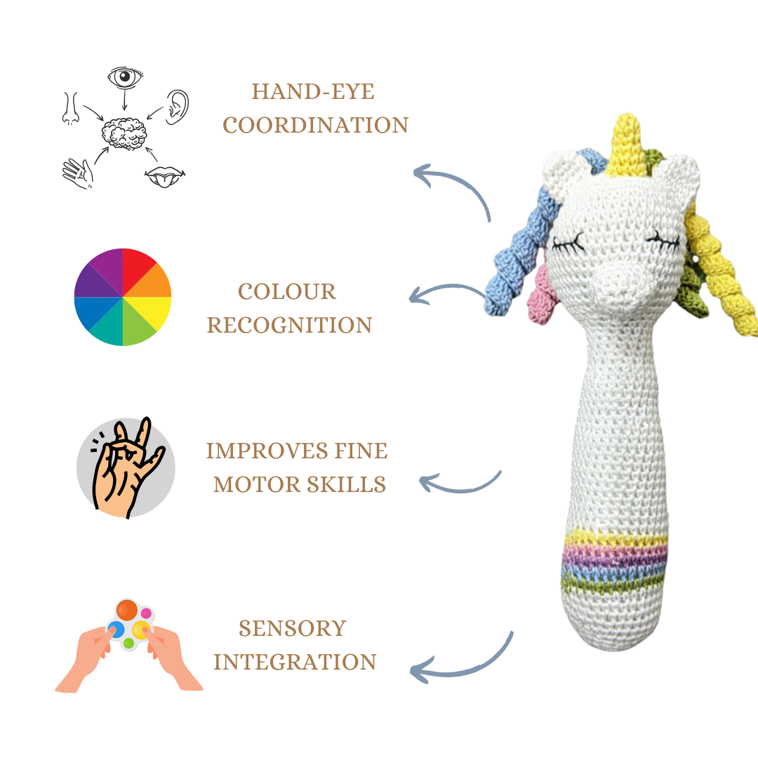 Enchanting Unicorn Hand Rattle – Handmade Crochet Baby Gift
