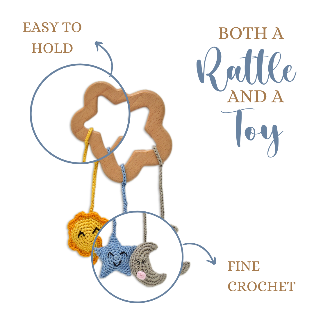 Handmade Crochet Sun, Star & Moon Rattles – Baby Toy Set
