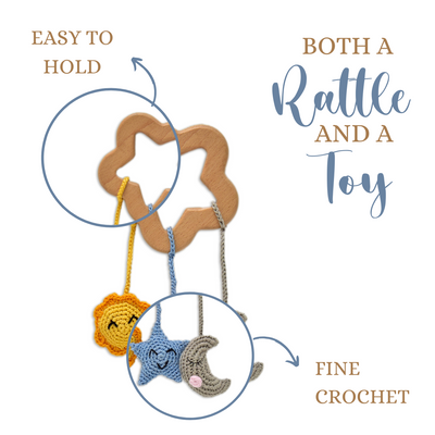 Handmade Crochet Sun, Star & Moon Rattles – Baby Toy Set