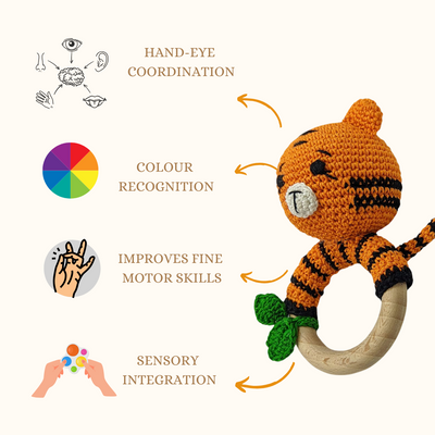 Joyful Tiger Rattle – Handmade Crochet Baby Companion Toy