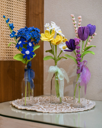 Crochet Yellow Tulips & Daisies in Bottle Vase | Unique Mother’s Day Gift