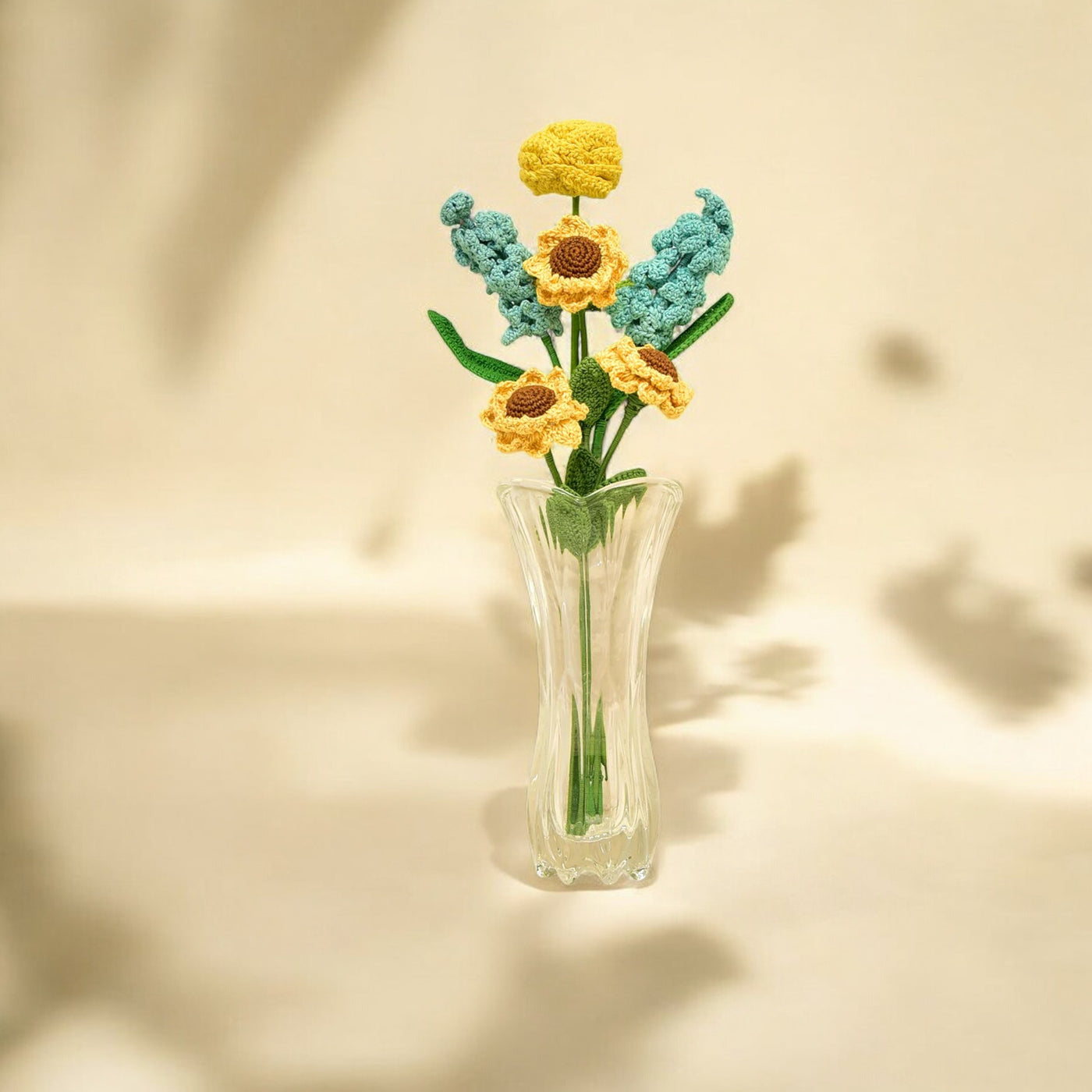 Crocheted Floral Bliss: Blue Hyacinth & Sunflower Bouquet