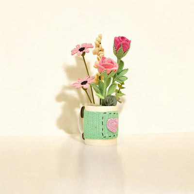 Delicate Crochet Rose & Daisy Arrangement | Mug Gift for Her
