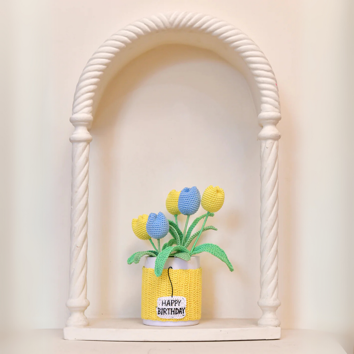 Whimsical Tulip Charm: Crochet Pink & Blue Flower Mug Bouquet