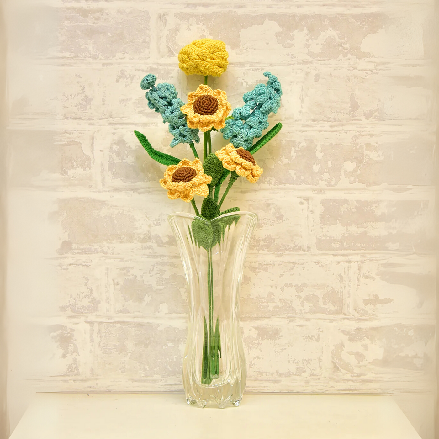 Crocheted Floral Bliss: Blue Hyacinth & Sunflower Bouquet