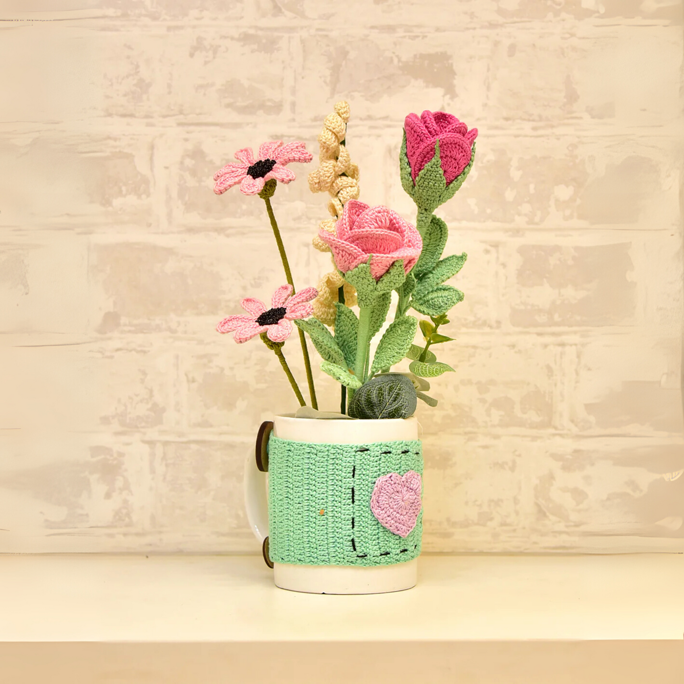 Delicate Crochet Rose & Daisy Arrangement | Mug Gift for Her