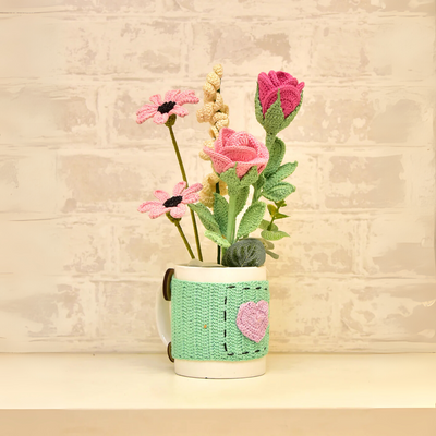 Delicate Crochet Rose & Daisy Arrangement | Mug Gift for Her
